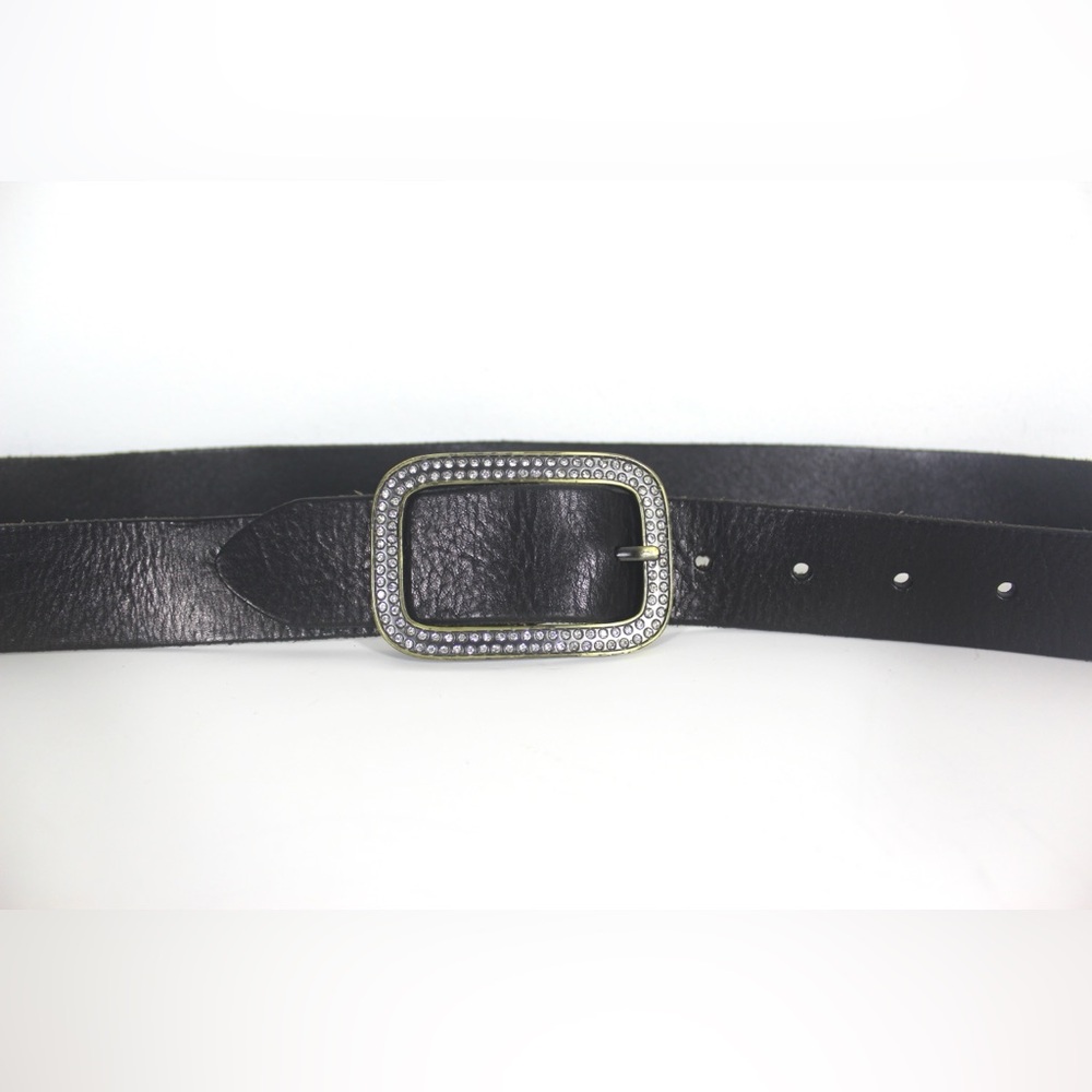 Black Leather Belt with Brass and Rhinestone Buckle